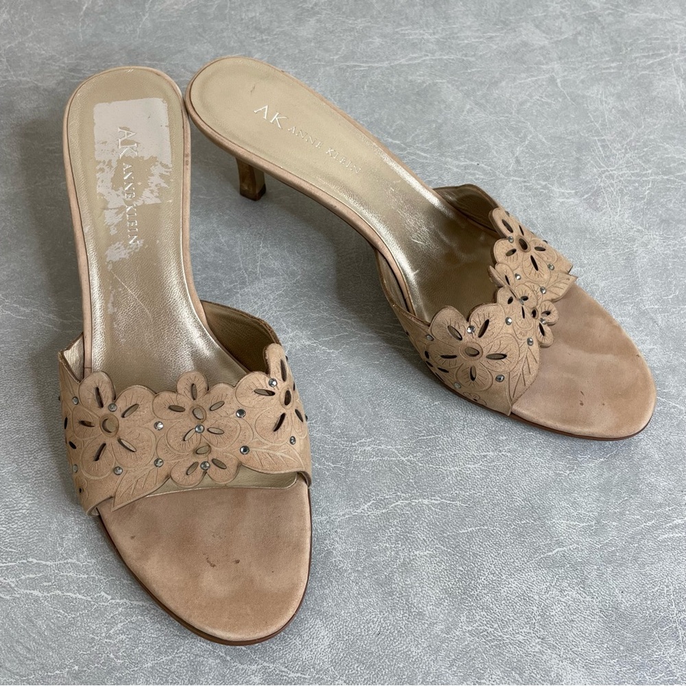 Anne Klein Tan Perforated Leather Floral Heels with Rhinestone Embellishment - Picture 2 of 11